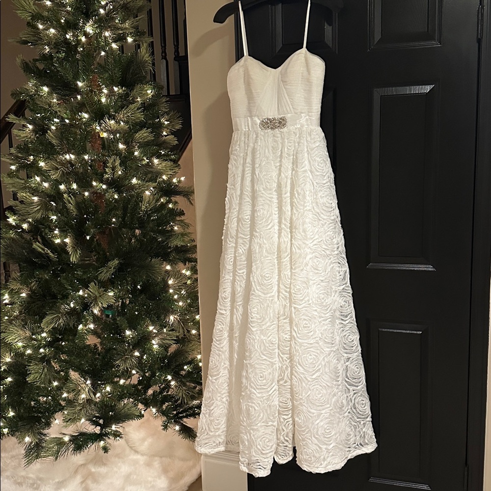 Adrianna Papell Strapless Rosette Tulle Gown Sweetheart Maxi Wedding Dress White